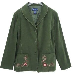 VTG 90s Susan Graver Green Embroidered 3 Button Faux Suede Blazer Jacket L